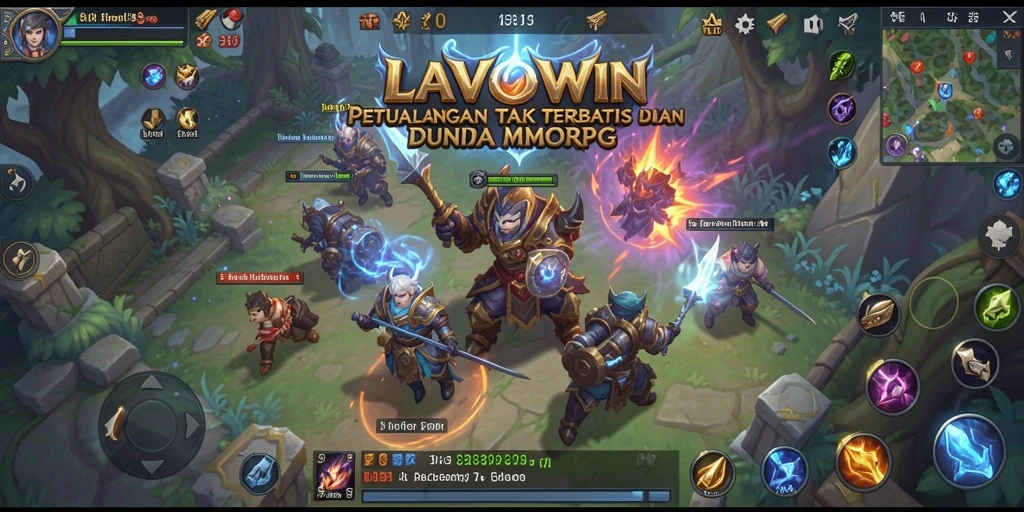 Tangkapan layar utama LAVOWIN menunjukkan pertarungan epik dalam dunia MMORPG.